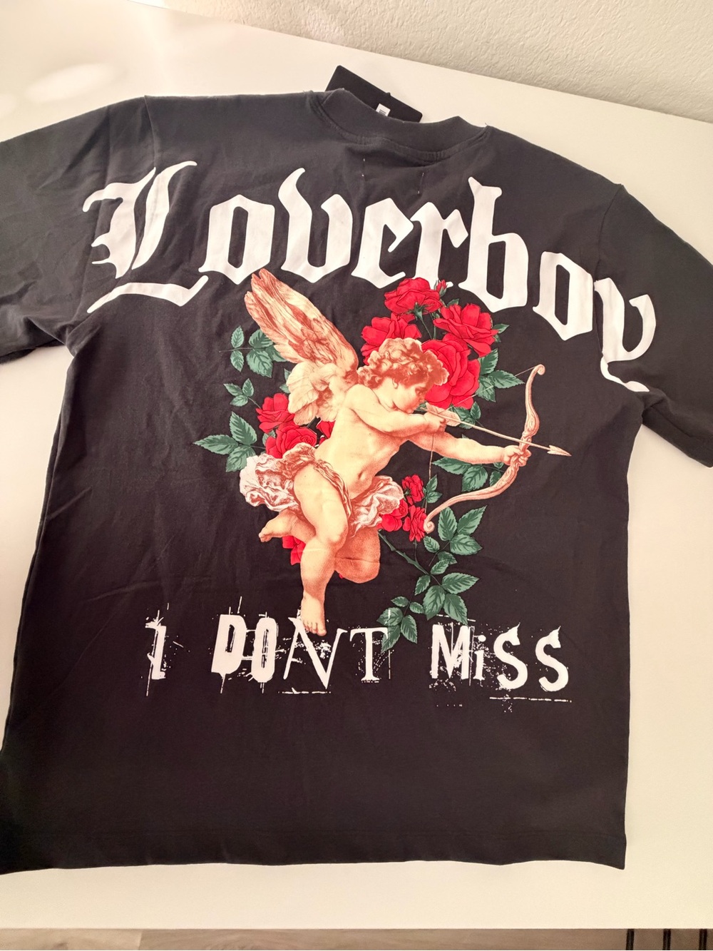 Loverboy Black Short-Sleeve Graphic Tee with Cupid and Rose Print
